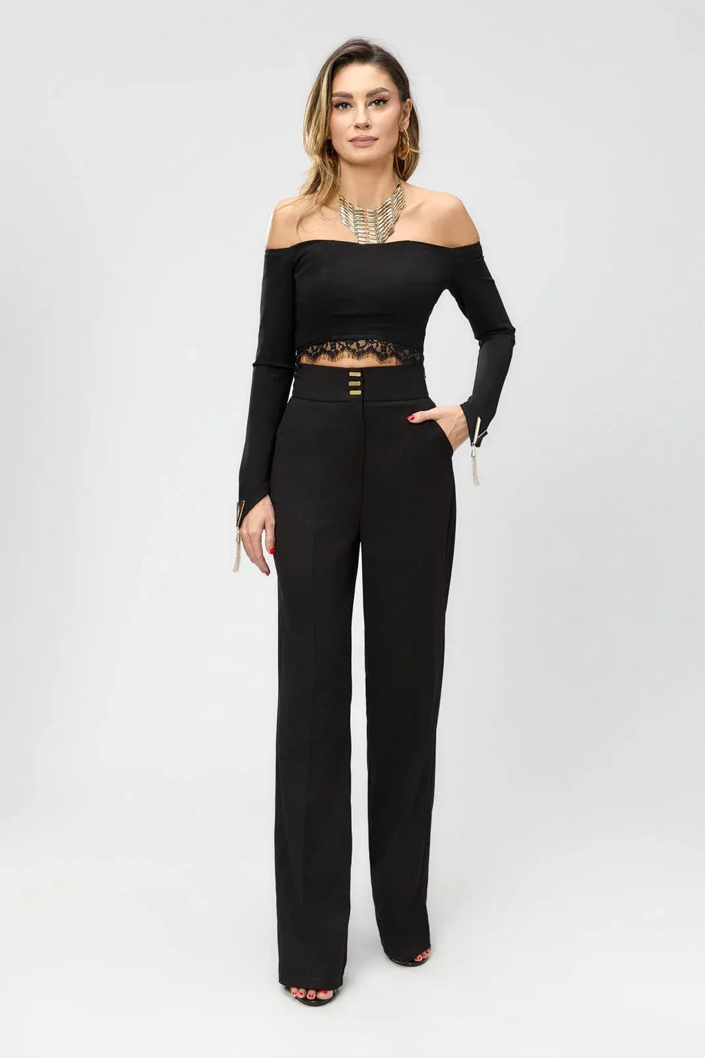 pantalone vita alta elegante con inserto oro - Identity Look