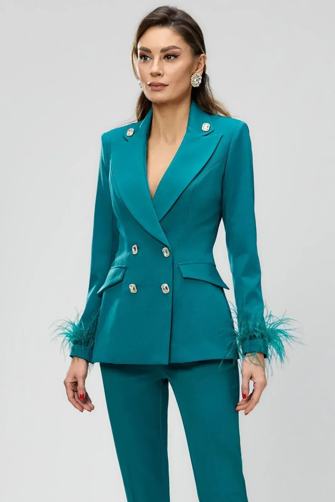 Tailleur elegante ottanio con piume - Identity Look