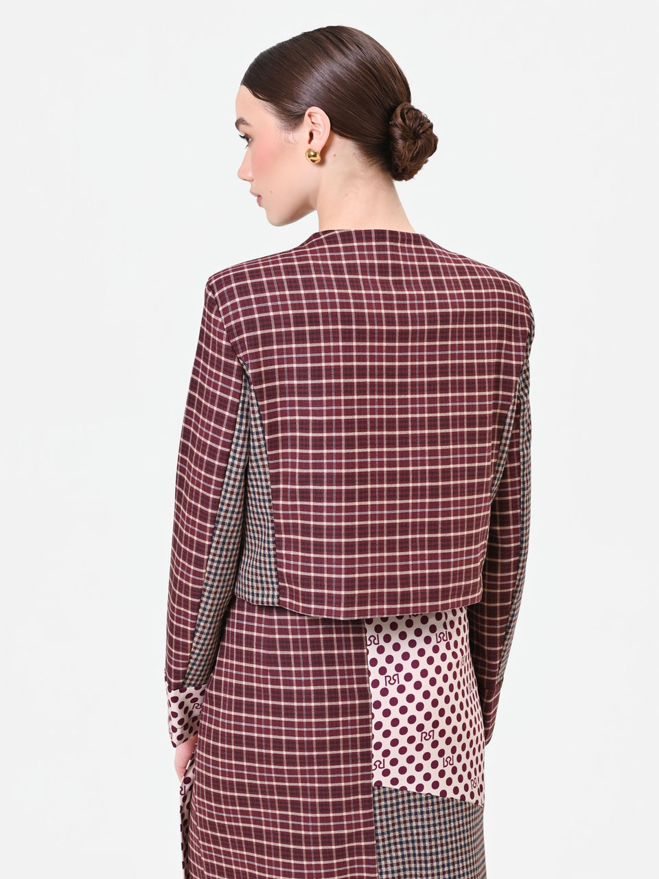 Rinascimento giacca bordeax con design patchwork e fiocco