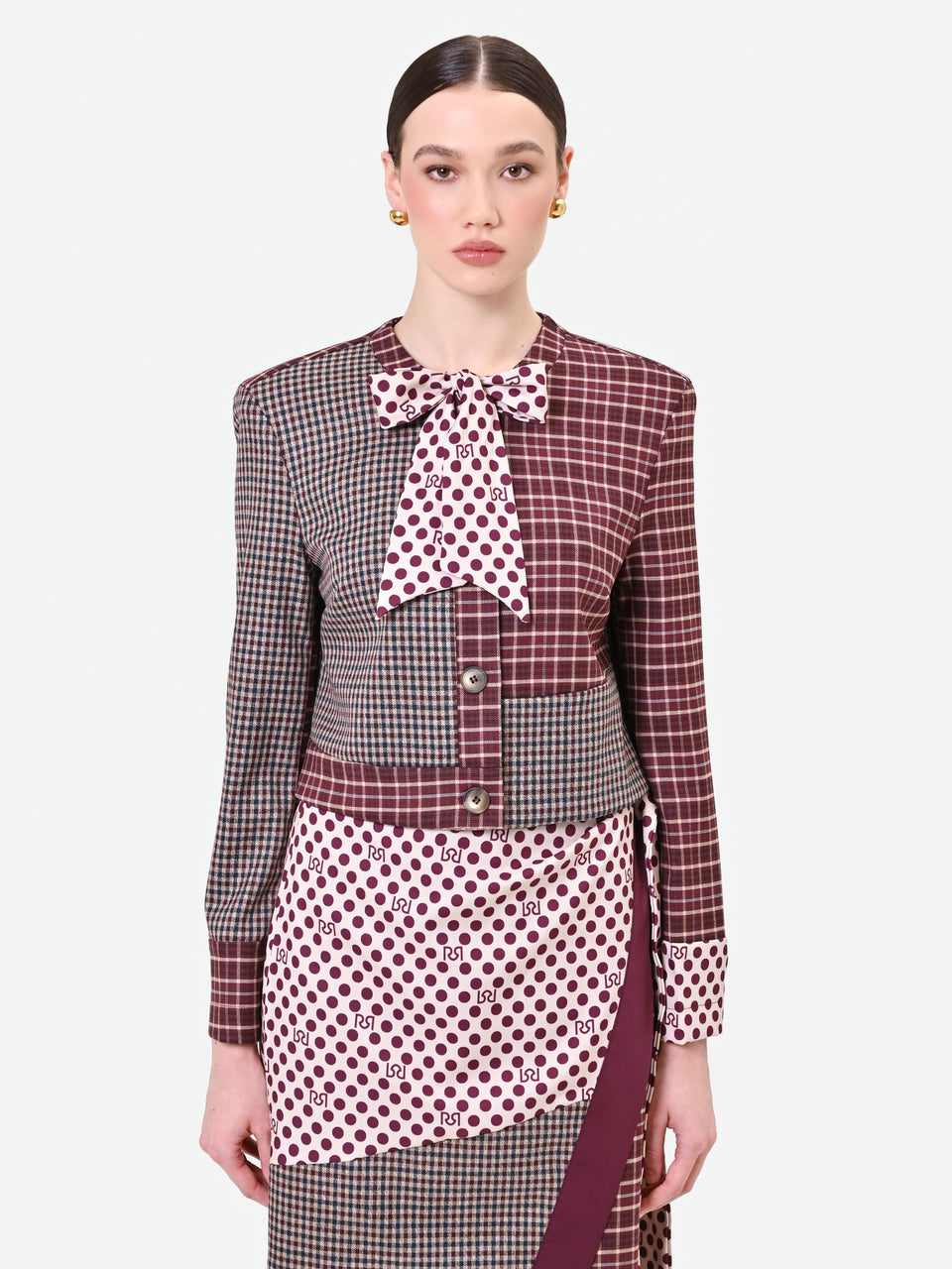Rinascimento giacca giacca bordeaux con design patchwork e fiocco
