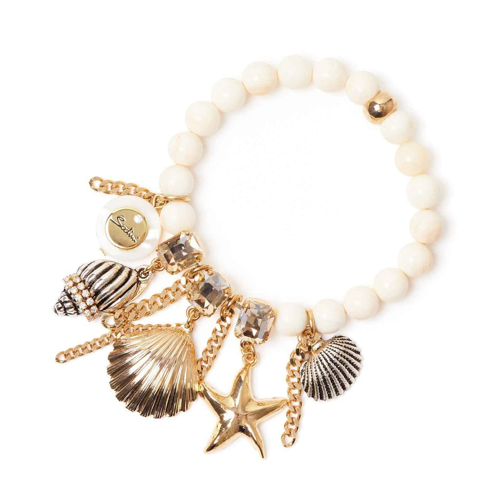 Sodini Bracciale elastico boule, cristalli e frange Maresia - Oro e bianco
