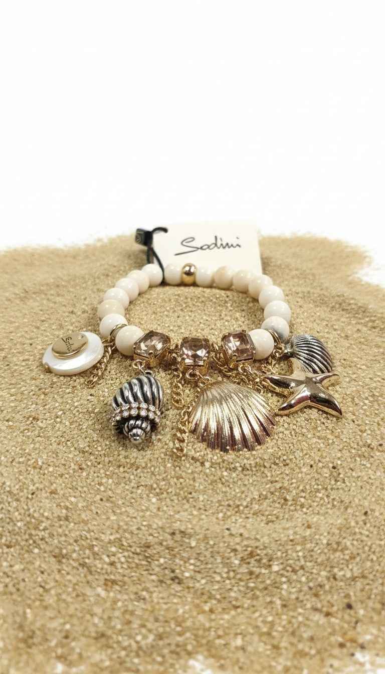 Sodini Bracciale elastico boule, cristalli e frange Maresia - Oro e bianco